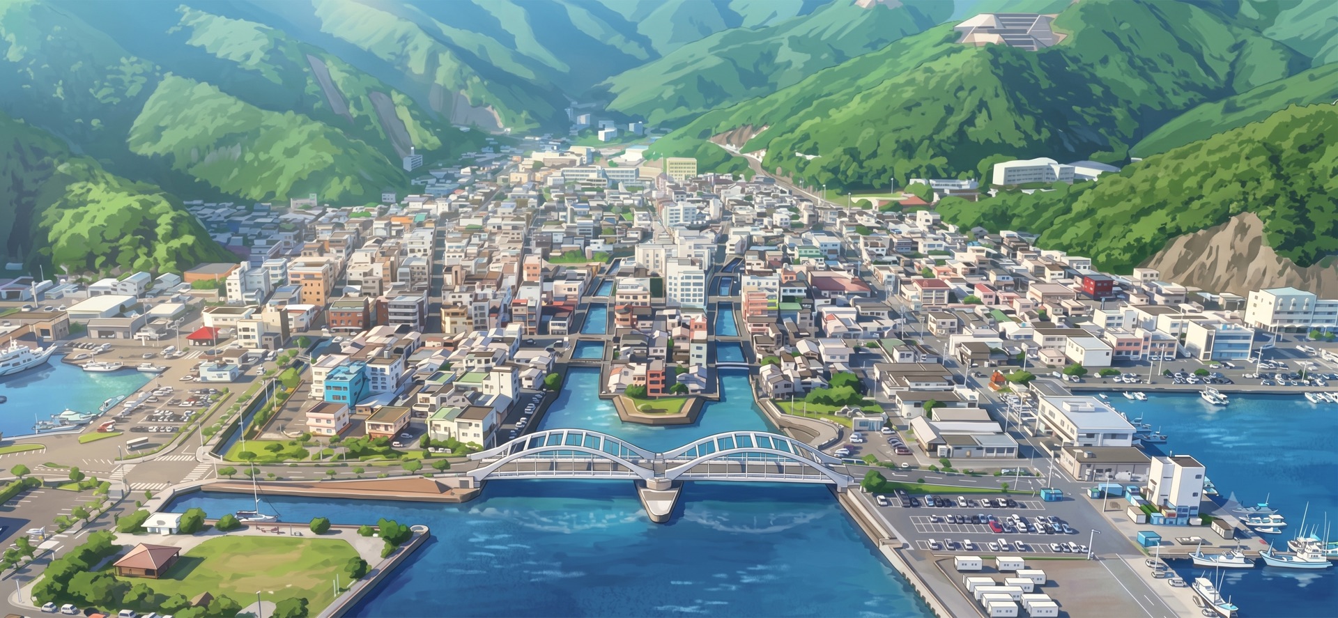 奄美大島・瀬戸内町 古仁屋の街並み。緑の山々に囲まれた港町と白いアーチ橋