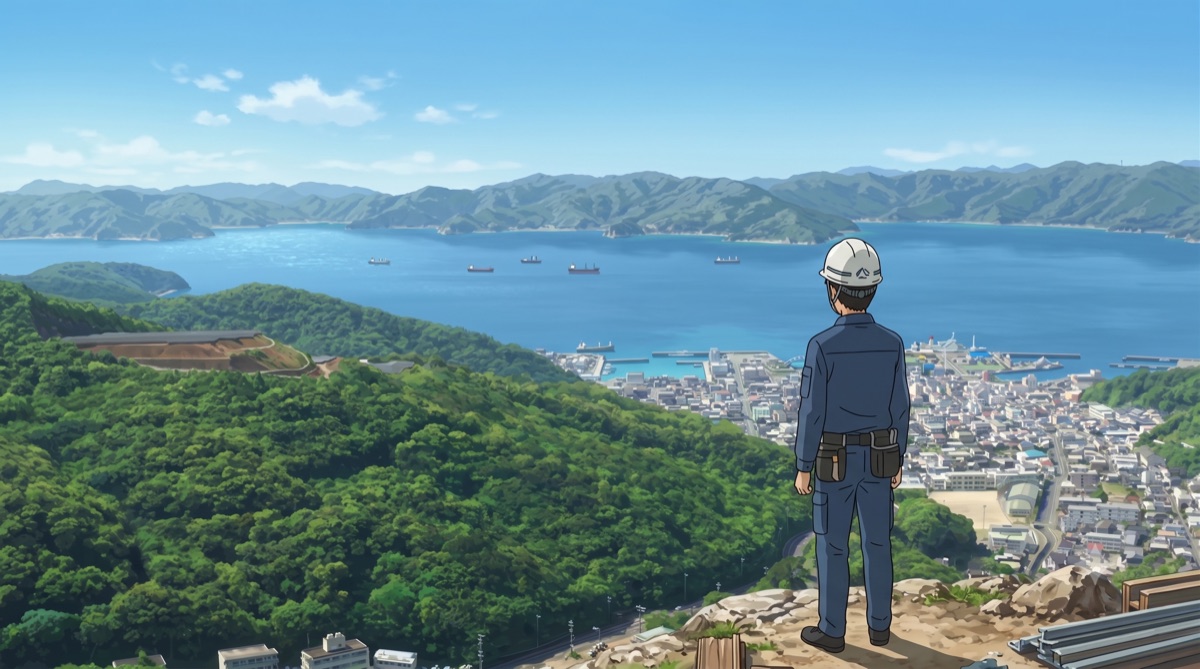 高台から港町を見下ろす作業服姿の電気工事士のイラスト